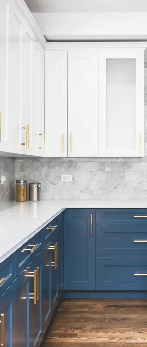 Blue and white Multiwood kitchen cabinetry