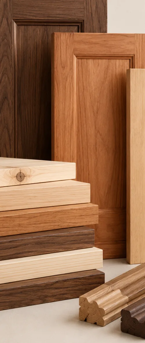 Stacked wood cabinet doors and mouldings